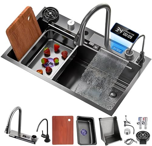 Lavello A Cascata, Lavello Da Cucina In Acciaio Inox Nero, Postazione Di Lavoro A Una Vasca Con Lavabicchieri, Cestello Di Scarico E Rubinetto Estraibile, Lavello Da Montare In Alto, Con Rivestimento