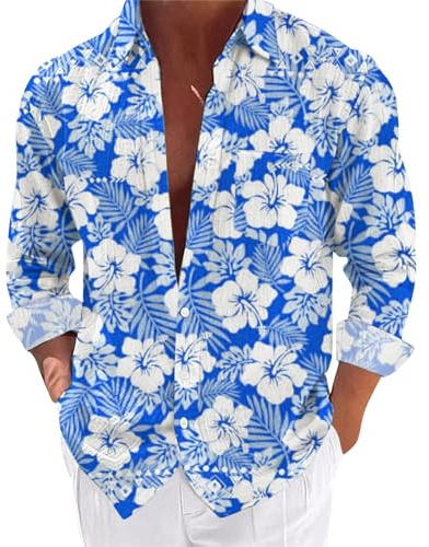 Uwdiohq Chemise Homme Hawaii Imprimée Chemise Homme Océan Chemise Manches Longues Boutonnée Décontractée Chemise Fleurie Plage Matière Extensible Confortable Respirante T-Shirt Mode