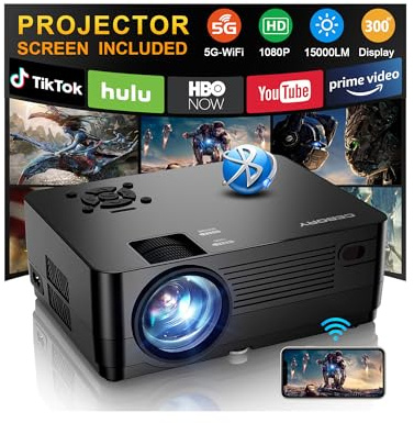 CEBORY Native 1080P Projector with Wifi and Bluetooth, 15000LM Full HD Movie Projector Include Screen and Carrying Bag,4K Proyectores Compatible with HDMIUSB/PHONE/Laptop, for Home, Bedroom, Outdoor