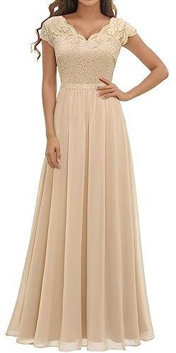 Generisch 2025 - Robe élégante pour femme avec coutures en dentelle et taille longue Robes pour invités de mariage femmes, beige, M