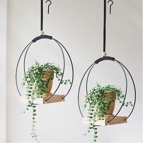 Guozyly Blumenampel Hängend Innen, Hängeampel Mit Holzsockel, Runde hängende Pflanzgefäße, Decke Hängende Pflanzer Für Zimmerpflanzen Sukkulenten Luftpflanzen Kaktus (A)