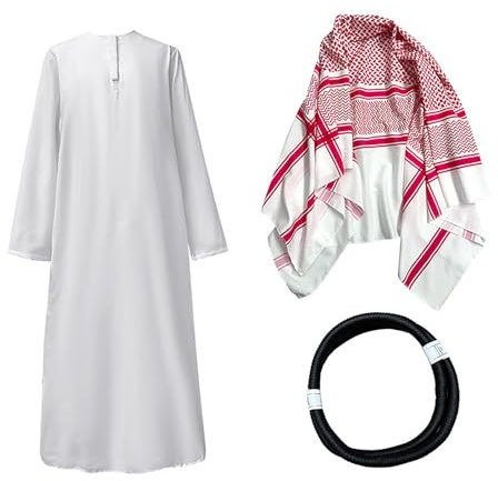Bauzuoyo Araber Kostüm 3Pcs Scheich Kostüm Herren Arabisches Weißes Gewand mit Kopftuch Party Faschingskostüm Islamisch Royalty Dubai Suit Karneval Cosplay Loose Lange Bademäntel
