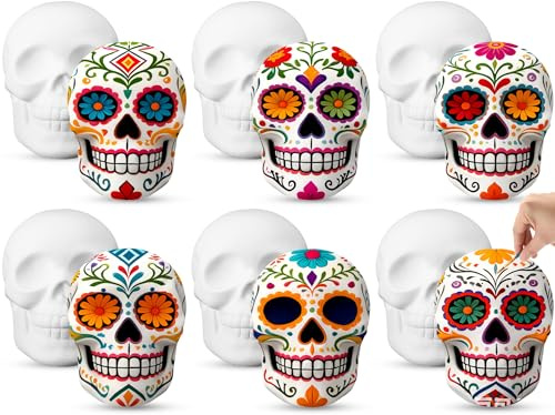 Colingmill 6 Pcs Halloween Skull Ceramic Ready to Paint 5 Inch Ready to Paint Your Own Sugar Skull Figurines Unpainted Plaster Arts and Crafts for Adults Day of The Dead Party Supplies