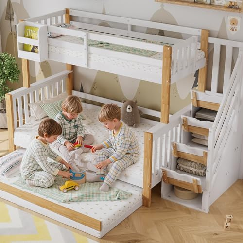 LANTRO JS Hochbett Etagenbett, 2 Kinder Bett mit Gästebett mit Treppe und 4 Stauschränke, Bett mit Stauraum und Rausfallschutz, Bettgröße 90x200, 120x200 und 90x190cm, ohne Matratze