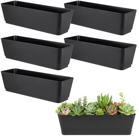 MUKSUET 6 Pack 12 Inch Window Box Planter, 30.5cm Plastic Plant Pots With Drainage Holes and Tray, Plastic Vegetable Flower Planter for Indoor, Outdoor, Windowsills, Patio, Porch, Decor (Black)