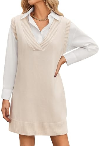 Zeagoo Robe en tricot pour femme - Sans manches - Col en V - Robe pull-over en tricot - Gilet robe par-dessus chemisier - Élégant automne hiver tenue - Robe pull douce - Superposition mode robes