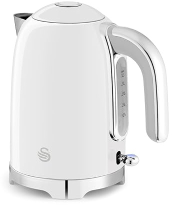 Swan SK19026WHT Solace Cordless Kettle, Premium Stainless Steel with a High Gloss Finish, Fast Boil, 360-Degree Base, Removable Limescale Filter, 1.7 Litres, 3000W, White with Chrome Trim