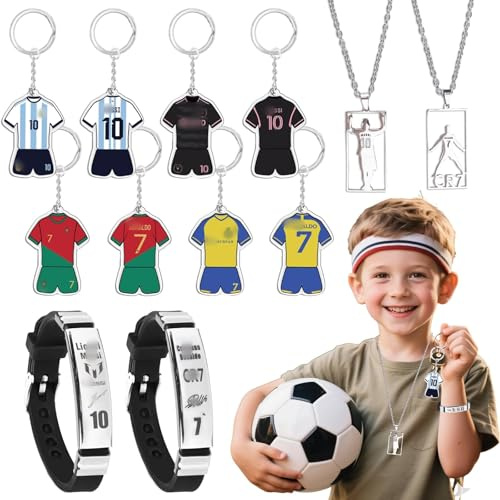 Fußball Party Mitgebsel Kindergeburtstag- Fußball Accessoire Set mit CR7 Armband Jungen Fußball Trikot Schlüsselanhänger Fußball Kette für Fußballfans Spieler Sportlicher Sportbegeisterte Geschenk