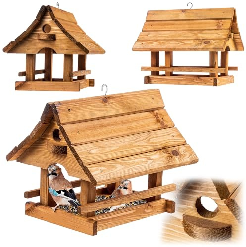 KADAX Vogelhaus zum Aufhängen, Vogelfutterhaus aus Holz, wetterfest Futterhaus für Vögel im Garten & Balkon, Vogelhäuschen, Vogelfutterstation (Braun)