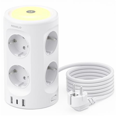 Torre Regletas Enchufes, Regleta USB 8 Tomas de AC y 3 USB, 2M Torre Enchufes Vertical con luz Nocturna y Interruptor,Regleta Enchufes Proteccion Sobretension, Enchufe Multiple para Mesa, Oficia, Casa