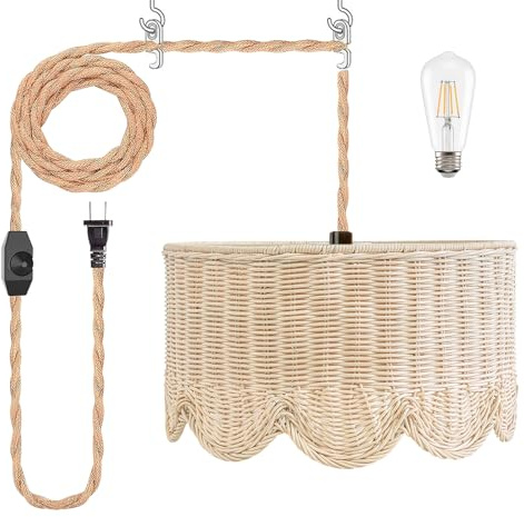 Quincry 13 Plug in Scalloped Pendant Light, Rattan Hanging Lights with Plug in Cord 15FT Hemp Rope Cord, Dimmable Switch – Indoor Hanging Lamps for Boho Living Room Bedroom (Bulb Included)