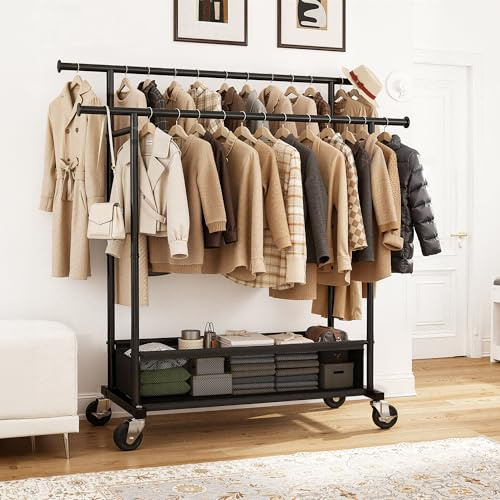 Klyvvo Stand Appendiabiti con Ruote e Cesto Della Biancheria, 110 kg Doppio Appendiabiti con Rotelle per Vestiti, Giacche,Maglioni,Cappotti,Cappotti Invernali,Porta Abiti,Soluzione di Emergenza,Nero