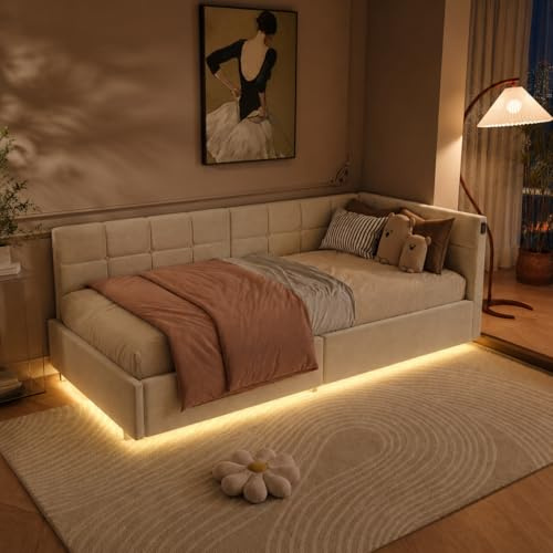 RTYUSWL Polsterbett Kinderbett 90x200,Einzelbett Multifunktionsbett mit LED-Beleuchtung und USB-Aufladung,Jugendbett 90x200 mit Hydraulischer Stauraum,Bettgestell mit Lattenrost,Ohne Matratze,Flanell