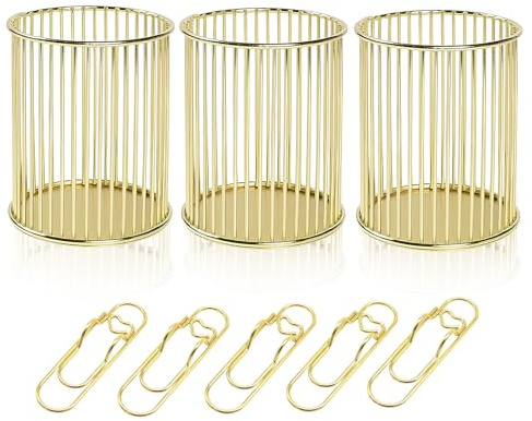 SHILIPAIJC 3 Stück Metall Stiftehalter Schreibtisch, Gold Stifteköcher Pen Holder Stifte Organizer mit 5 Stiftklammern, Multifunktional Rund Stiftebox Stiftebecher Stifte Halter für Büro Schule