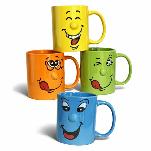 MundoTarros Set de 4 Tazas de Porcelana con Caritas Divertidas, 330 ml, Colores Surtidos, Aptas para Microondas y Lavavajillas, Ideal para Café, Té o Desayuno, Hogar y Oficina