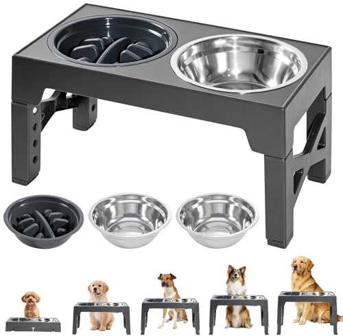 Raised Dog Bowls, Elevated Dog Bowl Stand with 5 Heights Adjustable, Slow Feeder and 2 Stainless Steel Bowls for Small Medium Large Dogs and Pets, Non-Slip Feeding Station, Grey