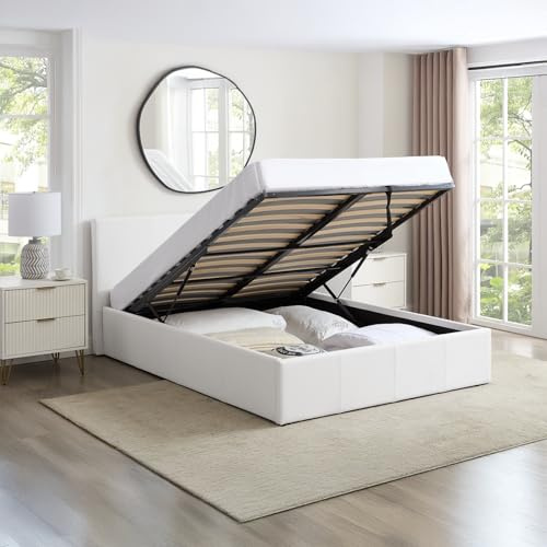 Direct Furniture Suppliers Single White Ottoman Storage Bed Gas Lift Up (3ft) | (L) 203cm x (W) 108cm x (H) 88.5cm - Faux Leather Fabric | Sprung Slats Base | Space Saving Storage