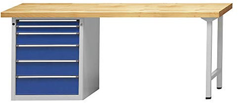 Banco da lavoro, struttura modulare, 6 cassetti, piano in faggio massello, larghezza 2000 mm.