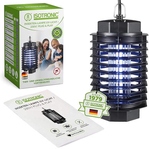 ISOTRONIC Elektrisk insektsbekämpare skyddar mot myggor, flugor och malar – UV mygglampa med 500 V för inomhusbruk – effektområde på 50 m² (1 styck)
