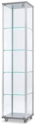 MHN Glasvitrine T 41,7 x B 41,7 x H 183 cm - schmaleAusstellungs-Vitrine abschließbar - hoher Glas-Vitrinenschrank - Spiegel-Rückwand - ohne Beleuchtung