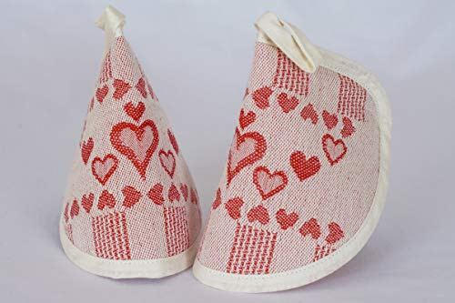Set 2 presine a cappuccio Tessitura Nagler - Linea Cuori - Rosso - Tessuto Jacquard Misto Cotone 50% e Lino 50% - 15 x 10 cm
