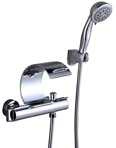 Badewannenarmatur mit Handbrause, Wasserfallwannenarmatur mit zwei Griffen, Messing-Badarmatur an der Wand, Kalt- und Heißmischerwannenarmatur, Chrom