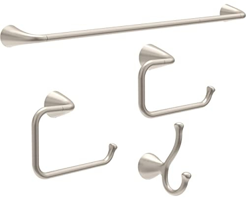 Delta ARV64-DN Arvo 4-Piece Bath Hardware Set 18-in Towel Bar w/ 6-in Extender, Toilet Paper Holder, Towel Ring, Hook, Brushed Nickel