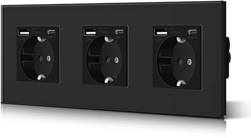 BSEED Triple Schuko Wand Steckdose mit USB & Typ C Glas 3 in 1 Unterputz Steckdosen 3 Weg mit 2.1 A USB Ladeleistung und Typ C Adapter Aufladestation Verlängerungssteckdosen 228mm Schwarz