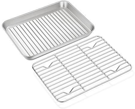 Homikit Plaque de cuisson avec grille de refroidissement, mini plaque de four, plaque à gâteau et grille de refroidissement, non toxique, passe au lave-vaisselle, 23.5 x 17.8 x 2.5 cm
