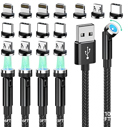HanCenDa Câble de Chargement Magnétique 3-en-1 [5-Pack, 10/6/6/3,3/3,3 Pieds] 540° Rotatif Avec LED, Chargeur USB Pour Téléphone