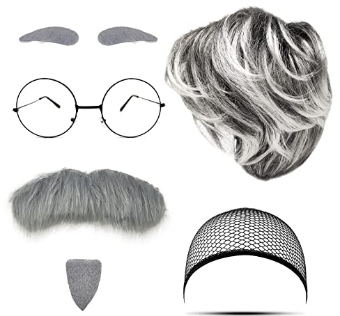 MIVAIUN 7tlg Opa Kostüm Set Alter Mann Kostümzubehör Großvater Accessoire Perücke Grauer Bart Augenbrauen Perückenkappe Brille Alter Mann Cosplay Zubehör für Halloween Party Karneval