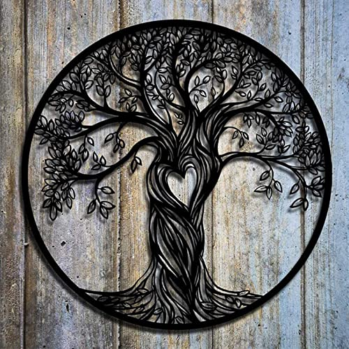 KLZUOPT Metal Tree of Life Wall Decor, Powder Coated Laser Cut Holes, Modern Wall Sculpture Art Round, for Indoor and Outdoor Home Bedroom Kitchen or Office Garden Home Decor, 11.8 * 11.8in
