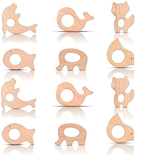 IoF 12 Pcs Teething Toys for Babies, Natural Wooden Teething Rings Baby Teether Chew Toys for Infant Toddler Teethers Crackers Animal Set Pain Relief Handmade Hanging Ring Set Toy