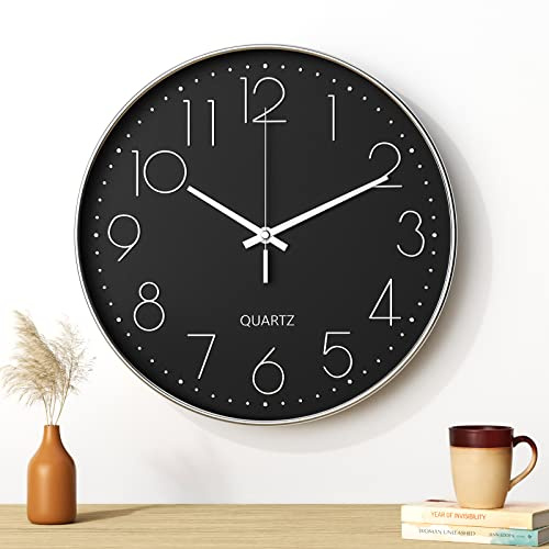 Mesybveo Reloj de Pared, 30CM Movimiento de Cuarzo silencioso, diseño Minimalista Moderno Negro, Reloj de Pared silencioso para Cocina, Oficina, Sala de Estar, Dormitorio(Caracteres Plateados)