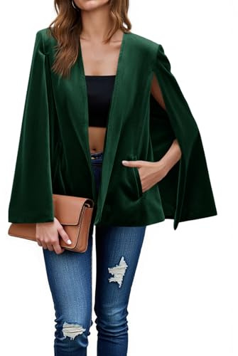 Cicy Bell Women's Velvet Cape Blazer Jackets Casual Split Long Sleeve Open Front Coat, Dark Green, L