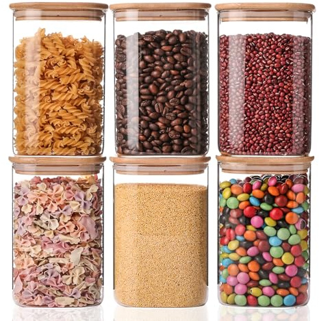 YUNCANG Glass Storage Jars 6 Pack 37oz Clear Glass Food Storage Containers with Airtight Bamboo Lid Stackable Kitchen Canisters for Candy,Cookie,Rice,Sugar,Flour,Pasta,Nuts and Spice Jars(Square)
