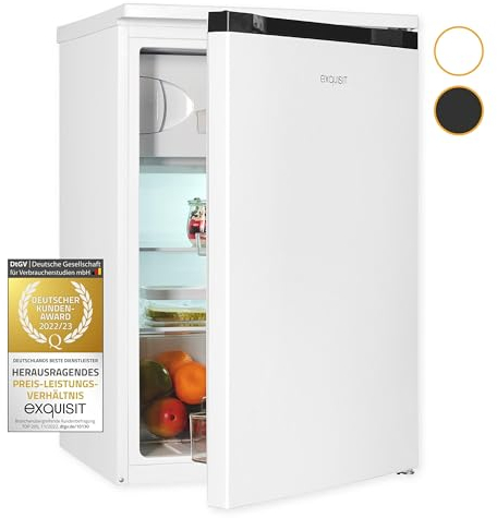 Exquisit® Frigorífico Table Top 107L, Blanco, Clase C, con Congelador 4 Estrellas, Puerta Reversible, Cajón Verdulero, Estantes de Cristal, Iluminación LED, Medidas (84,5 x 54,9 x 55,7 cm)