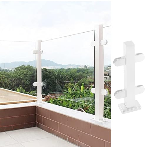 Zaunsäulen Glasgeländer Weiße Glasbalustradengeländer Nach Klammern für Balkon/ Flur/ Loft, Zaunpaneele Säule mit Gummi, 35,4 Zoll Optionales Handlauf -Kit ( Color : White Mid post , Size : H-155cm/61