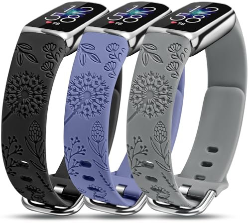 Minyee 3 Packs Floral Engraved Band Compatible with Fitbit Luxe Band for Women, Cute Sport Soft Silicone Strap Dandelion Designer Summer Replacement Wristband for Luxe/Luxe SE Fitness Smart Watch