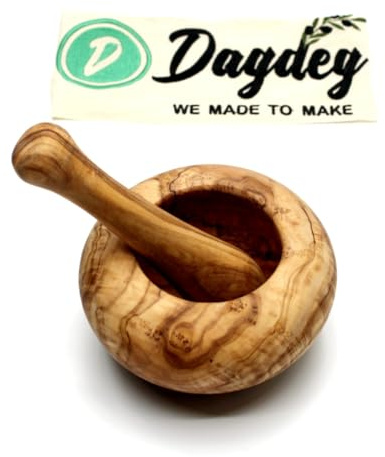 DAGDEG Mörser & Stößel rund aus Olivenholz, Holzmörser,Kräuter-Gewürz-Mörser aus Holz, Kräutermühle, Durchmesser ca. 14 cm, handgefertigt