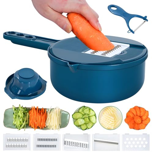 Grönsaker ost rivjärn verktygssats multifunktionell grönsaksskärare med dräneringskorg, grönsaksskivare, mandolin skärare hackare, köksprylar grönsaksskalare strimlare set (blå, 7 i 1)