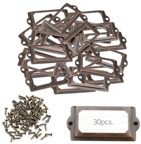 Ruidee 30 Stück Metall Etikettenrahmen Vintage 60x17mm Etiketten Kartenrahmenhalter Möbel Schublade Label Halter mit Schrauben Namensschild Etikettenrahmen für Büro Bibliothek (70x33mm/Red Bronze)