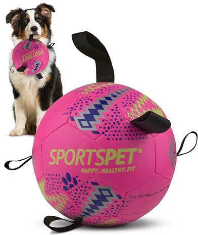 SPORTSPET Dog Football with Grab Tabs, Floating Toy (Pink, Medium) | Durable Interactive Dog Volleyball, Floating Water Dog Toy for Indoor & Outdoor Play, Dog Ball for Dog Birthday Gift