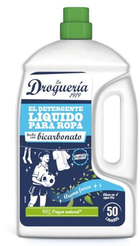 LA DROGUERIA - Detergente Líquido con Bicarbonato 2.27 L – Quitamanchas Potente – Eficaz en Agua Fría – Sin Colorantes – Para Pieles Sensibles – 95% Ingredientes Naturales – Aroma Fresco