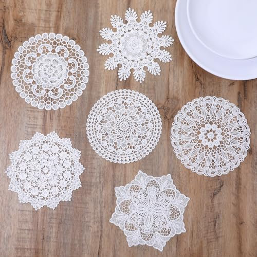 AOZUO 6PCS White Vintage Crochet Doilies, 6 Inch Round Lace Placemats Doilies Handmade Coasters Rustic Table Doilies Decors for Tables Kitchen Dining Room Party Wedding Birthday Dressers Vase(A)