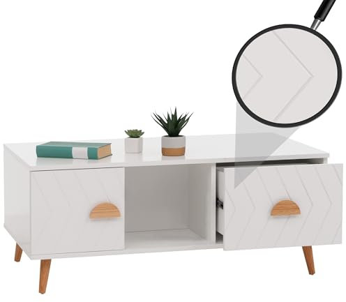Mendler Couchtisch HWC-N89, Beistelltisch Sofatisch, Schubladen Türen Fächer Fischgrätenmuster Melamin Holz, 42x103x60cm - weiß