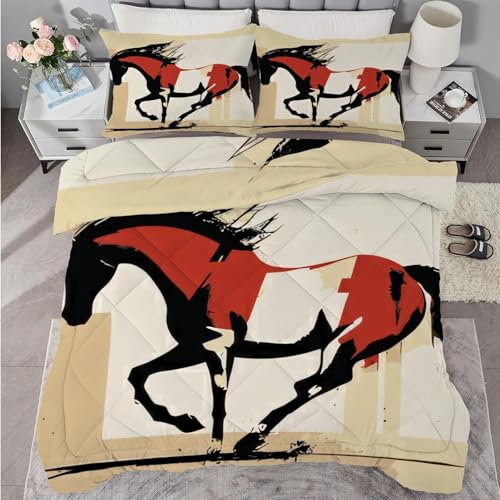 buyluhn Bettdecke 180x220 Pferd, 4 Jahreszeiten Bettdecken Abstrakte Kunst Ohne Bezug Nutzbar, Kinder Steppdecke Ganzjahresdecke, Waschbar Bettzeug mit 2 Kissenbezug für Sommer Winter