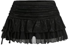 GORGLITTER Y2k Jupe de pantalon pour femme en dentelle et maille double couche - Couleur unie - Avec fente haute - Short de festival, Noir , M