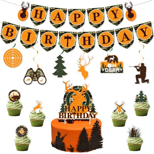 Jagd Geburtstag Party Dekoration, Happy Birthday Girlande Camouflage Hirsch zum Aufhängen an der Decke Luftschlangen Kuchen Luftschlangen für Vater Jungen Kinder Jagd Party