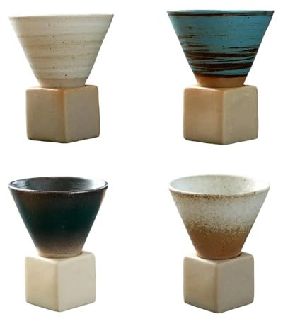 CZMYCBG 4 Pezzi Tazze da Caffè, Tazza da Tè In Ceramica con Base, Tazze da Caffè Espresso Triangolari A Forma di Cono Retrò per Latte Cappuccino(G Color)